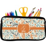 Orange & Blue Leafy Swirls Neoprene Pencil Case - Small w/ Name and Initial