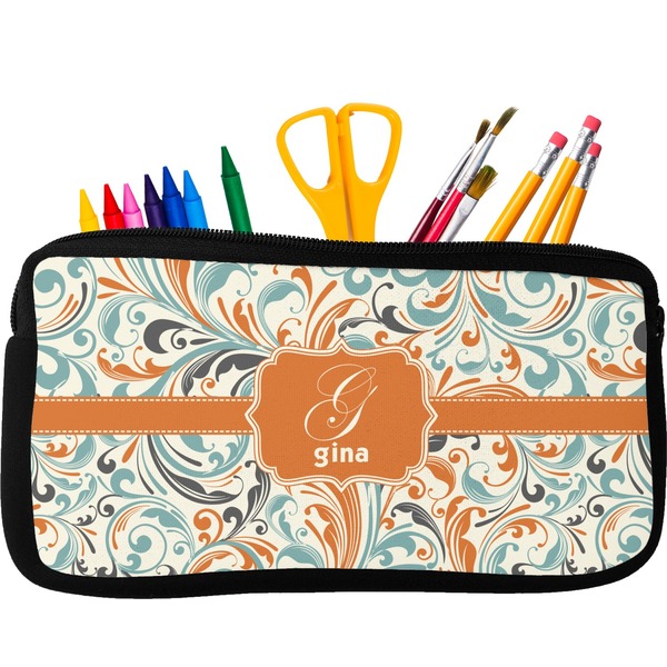 Custom Orange & Blue Leafy Swirls Neoprene Pencil Case (Personalized)