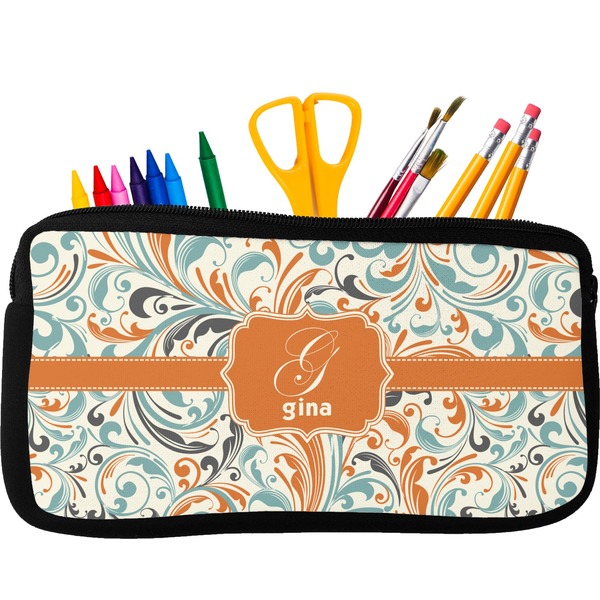 Custom Orange & Blue Leafy Swirls Neoprene Pencil Case - Small w/ Name and Initial
