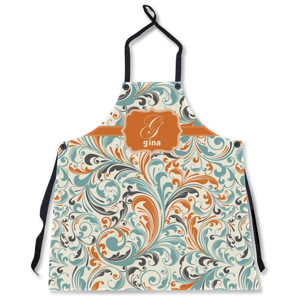 Custom Orange & Blue Leafy Swirls Apron Without Pockets w/ Name and Initial