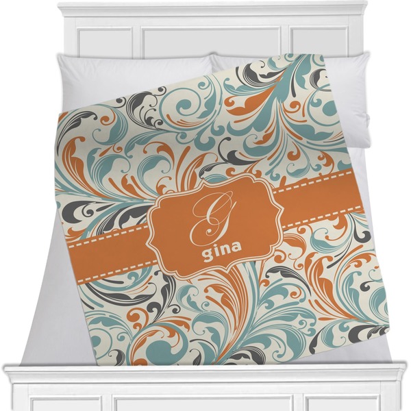 Custom Orange & Blue Leafy Swirls Minky Blanket (Personalized)