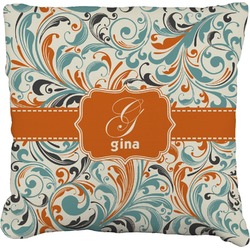 Orange & Blue Leafy Swirls Faux-Linen Throw Pillow (Personalized)