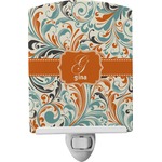 Orange & Blue Leafy Swirls Ceramic Night Light (Personalized)