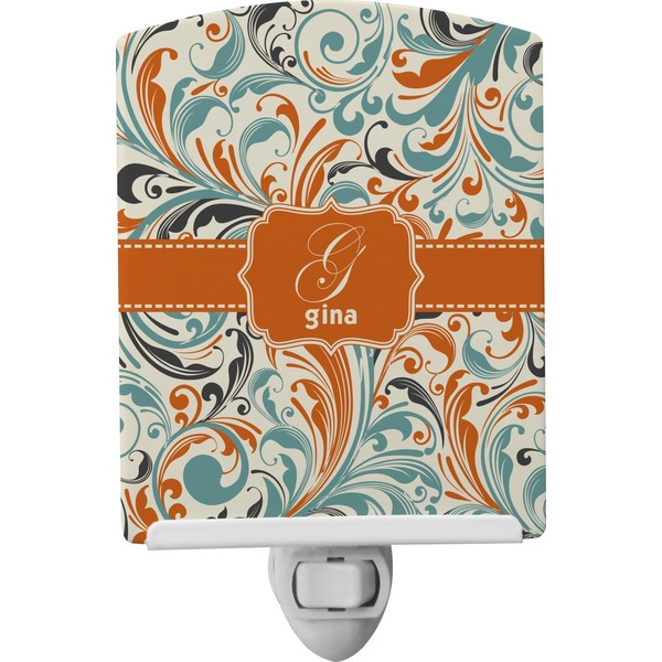 Custom Orange & Blue Leafy Swirls Ceramic Night Light (Personalized)