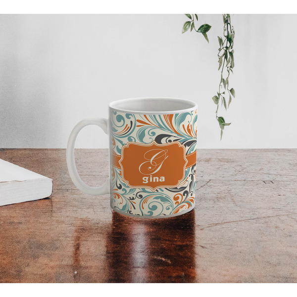 Orange & Blue Leafy Swirls Personalized Coffee Mug - Lifestyle