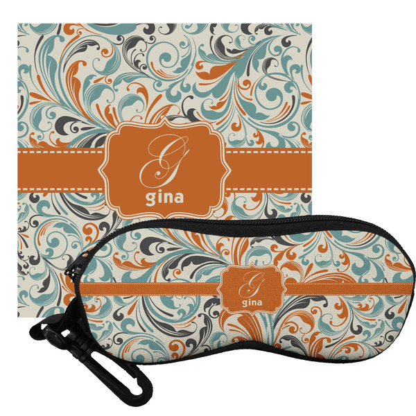 Custom Orange & Blue Leafy Swirls Eyeglass Case & Cloth (Personalized)