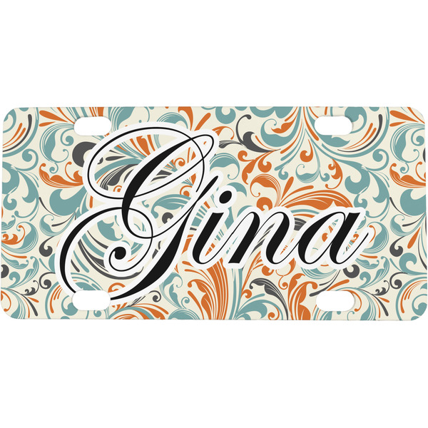 Custom Orange & Blue Leafy Swirls Mini / Bicycle License Plate (4 Holes) (Personalized)