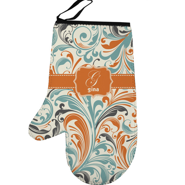 Orange & Blue Leafy Swirls Personalized Oven Mitt - Left