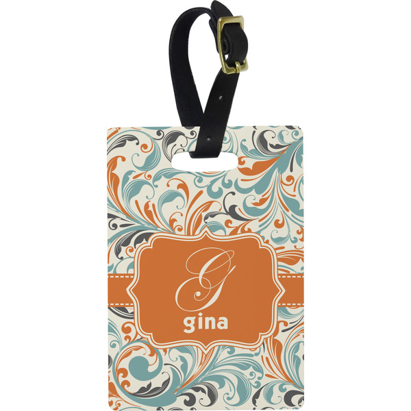 Custom Orange & Blue Leafy Swirls Plastic Luggage Tag - Rectangular w/ Name and Initial