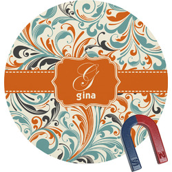 Orange & Blue Leafy Swirls Round Fridge Magnet (Personalized)