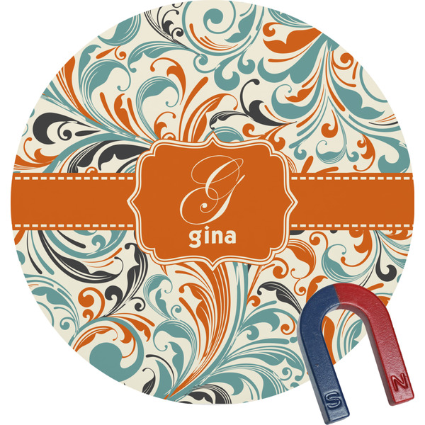 Custom Orange & Blue Leafy Swirls Round Fridge Magnet (Personalized)