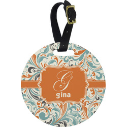 Orange & Blue Leafy Swirls Plastic Luggage Tag - Round (Personalized)