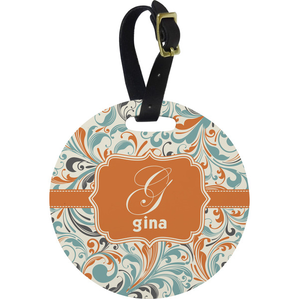 Custom Orange & Blue Leafy Swirls Plastic Luggage Tag - Round (Personalized)