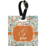 Orange & Blue Leafy Swirls Plastic Luggage Tag - Square w/ Name and Initial