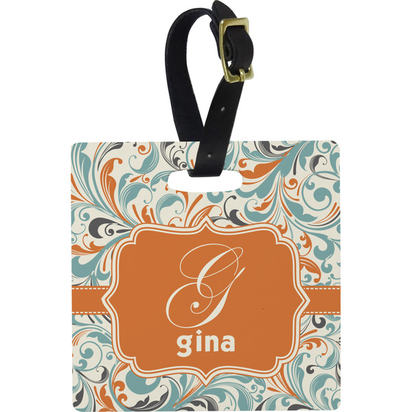 Orange & Blue Leafy Swirls Personalized Square Luggage Tag