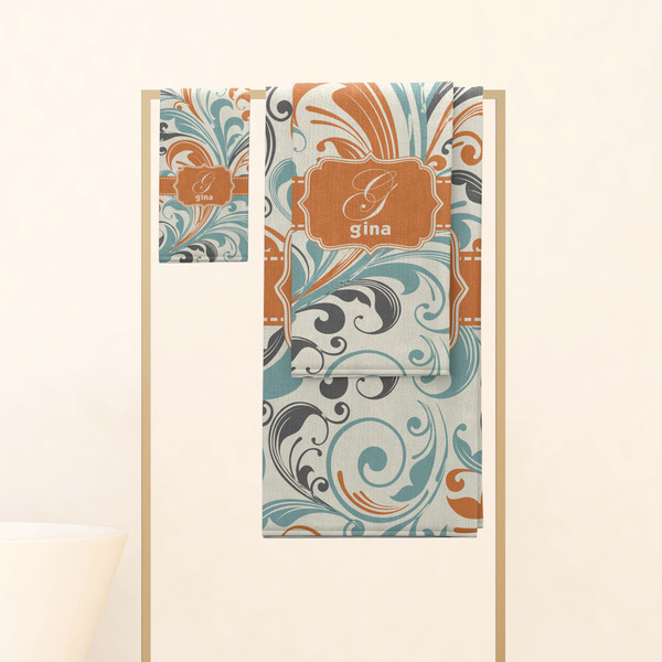 Orange & Blue Leafy Swirls Personalized Towel Set