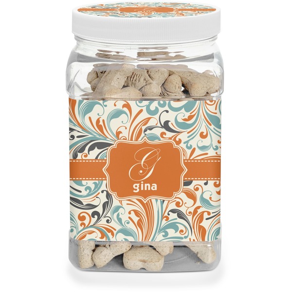 Custom Orange & Blue Leafy Swirls Dog Treat Jar (Personalized)
