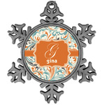 Orange & Blue Leafy Swirls Vintage Snowflake Ornament (Personalized)