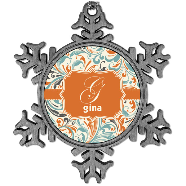Custom Orange & Blue Leafy Swirls Vintage Snowflake Ornament (Personalized)
