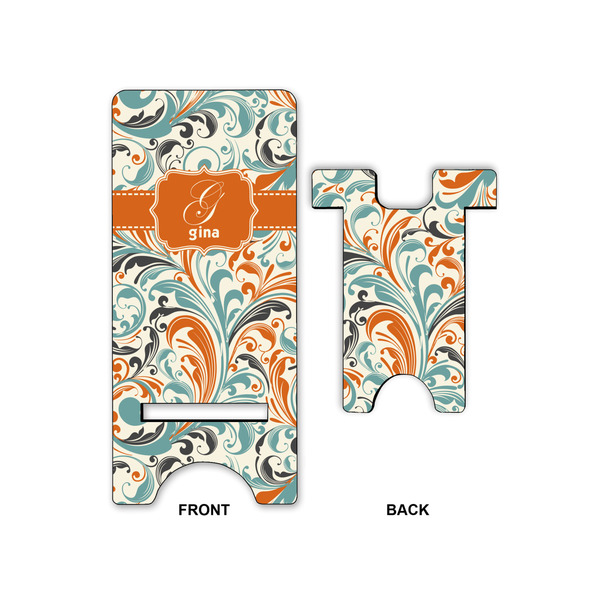 Orange & Blue Leafy Swirls Phone Stand - Front & Back