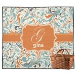Orange & Blue Leafy Swirls Outdoor Picnic Blanket (Personalized)