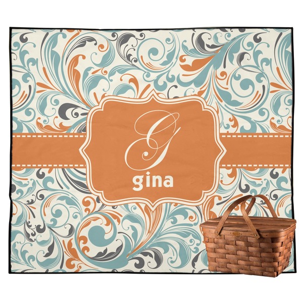 Custom Orange & Blue Leafy Swirls Outdoor Picnic Blanket (Personalized)