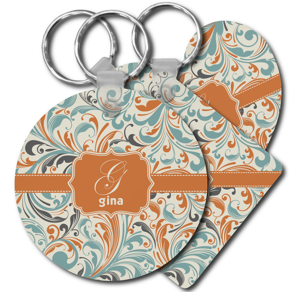 Custom Orange & Blue Leafy Swirls Plastic Keychain (Personalized)