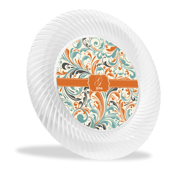 Custom Orange & Blue Leafy Swirls Plastic Party Dinner Plates - 10" (Personalized)