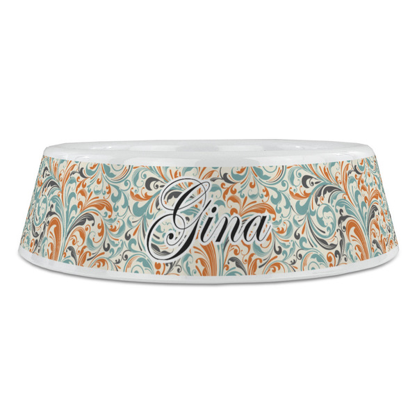 Orange & Blue Leafy Swirls Plastic Pet Bowls - Large - FRONT