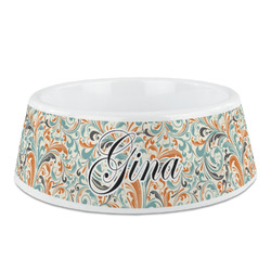 Orange & Blue Leafy Swirls Plastic Dog Bowl (Personalized)