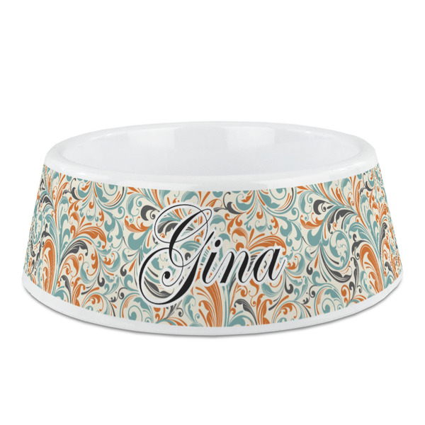 Custom Orange & Blue Leafy Swirls Plastic Dog Bowl - Medium (Personalized)