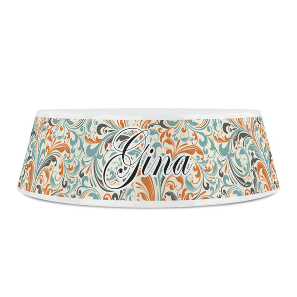 Orange & Blue Leafy Swirls Plastic Pet Bowls - Small - FRONT