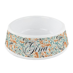 Orange & Blue Leafy Swirls Plastic Dog Bowl - Small (Personalized)