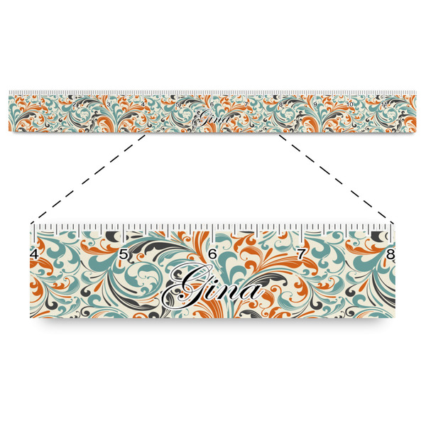 Custom Orange & Blue Leafy Swirls Plastic Ruler - 12" (Personalized)