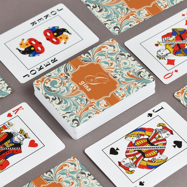 Orange & Blue Leafy Swirls Playing Cards - Front & Back View