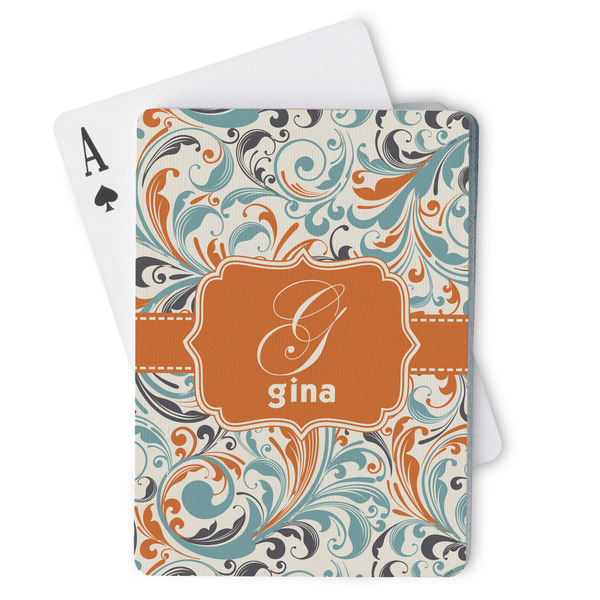 Custom Orange & Blue Leafy Swirls Playing Cards (Personalized)