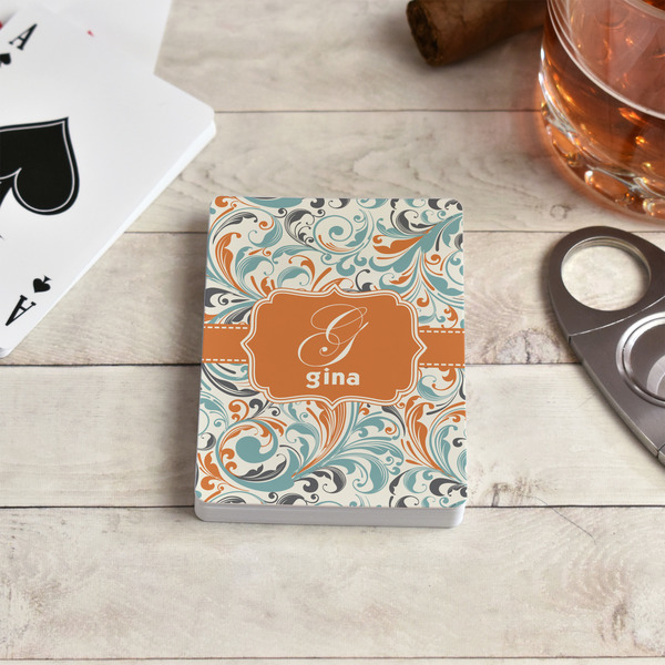 Orange & Blue Leafy Swirls Playing Cards - In Context
