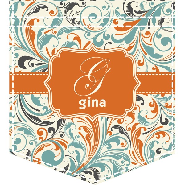 Custom Orange & Blue Leafy Swirls Iron On Faux Pocket (Personalized)