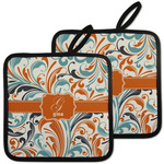 Orange & Blue Leafy Swirls Pot Holders - Set of 2 w/ Name and Initial
