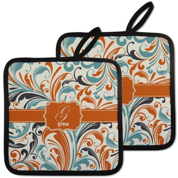Custom Orange & Blue Leafy Swirls Pot Holders - Set of 2 w/ Name and Initial
