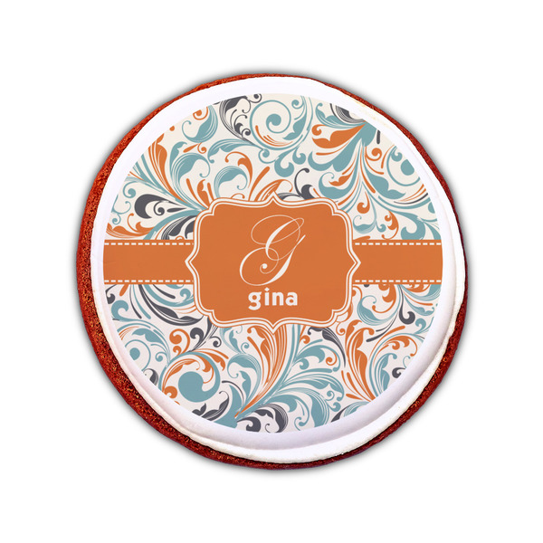 Orange & Blue Leafy Swirls Printed Icing Circle - Small - On Cookie