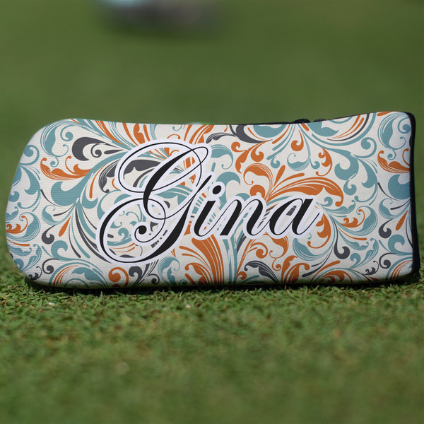 Custom Orange & Blue Leafy Swirls Blade Putter Cover (Personalized)