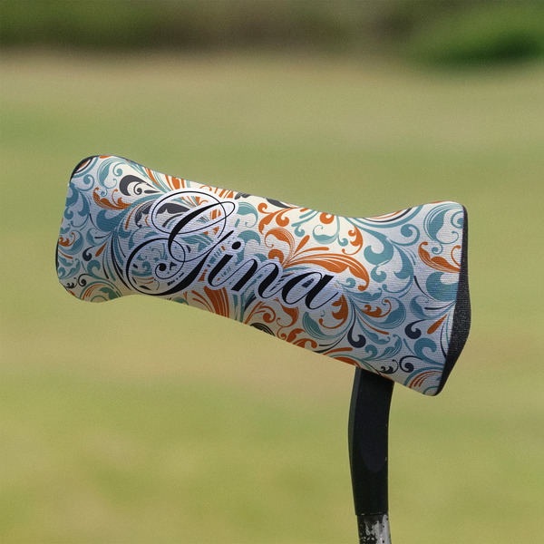 Orange & Blue Leafy Swirls Putter Cover - On Putter