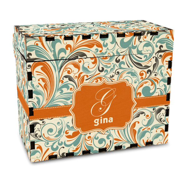 Custom Orange & Blue Leafy Swirls Wood Recipe Box - Full Color Print (Personalized)