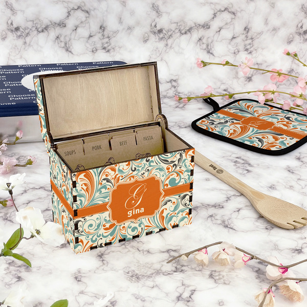 Orange & Blue Leafy Swirls Recipe Box - Full Color - In Context