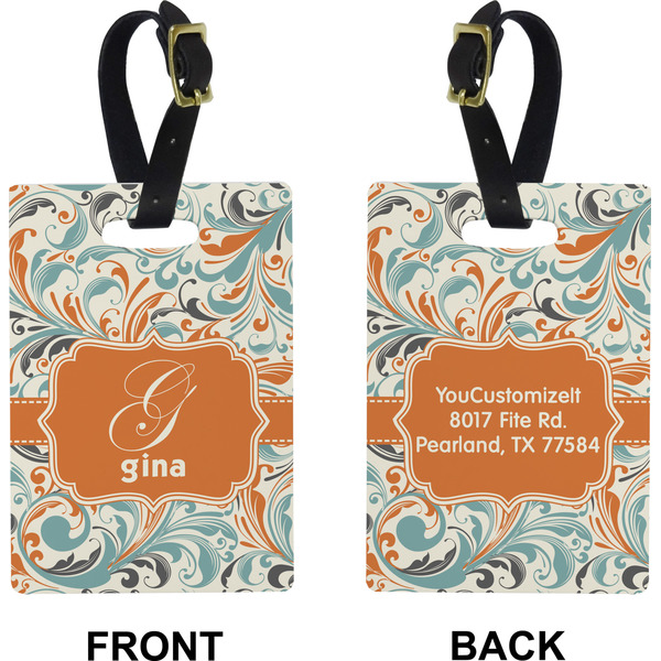 Orange & Blue Leafy Swirls Rectangle Luggage Tag (Front + Back)