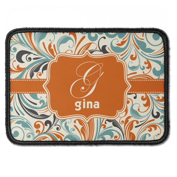 Custom Orange & Blue Leafy Swirls Iron On Rectangle Patch w/ Name and Initial