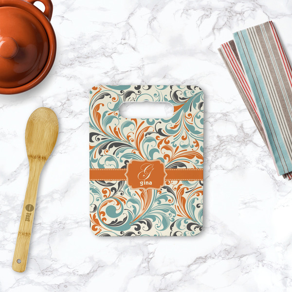 Orange & Blue Leafy Swirls Rectangle Trivet with Handle - LIFESTYLE