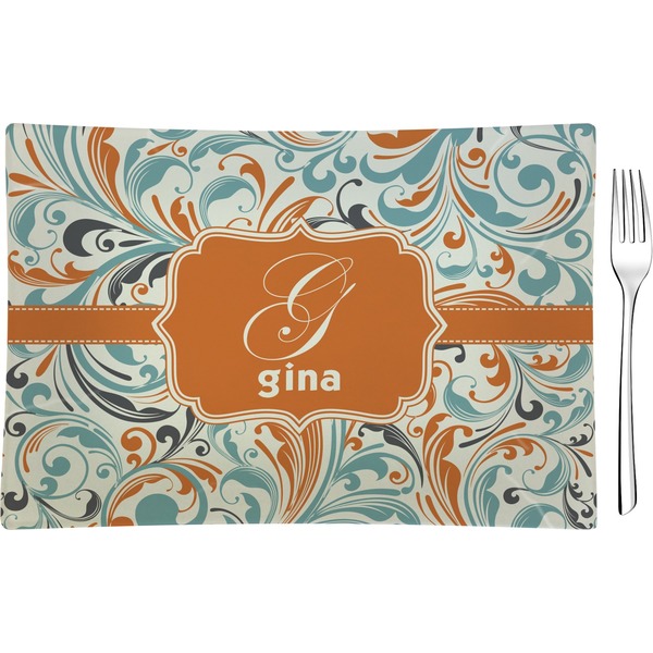 Custom Orange & Blue Leafy Swirls Rectangular Glass Appetizer / Dessert Plate - Single or Set (Personalized)