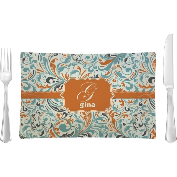 Custom Orange & Blue Leafy Swirls Rectangular Glass Lunch / Dinner Plate - Single or Set (Personalized)